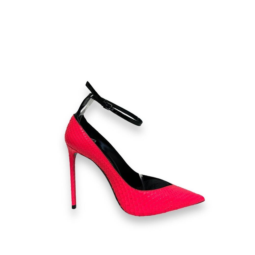 SAINT LAURENT $1195 Hot Pink ZOE Snakeskin Leather Pointed Ankle Strap Heels 36